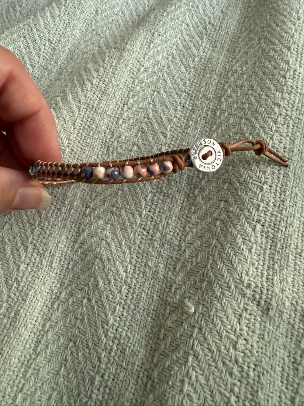 Rhinestone Beaded Leather Wrap Bracelet in Brown with Pink & Gray Beads